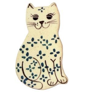 Blue & White Cat Brooch Pin 1 3/8" Signed THW Cute Kitty Kitten